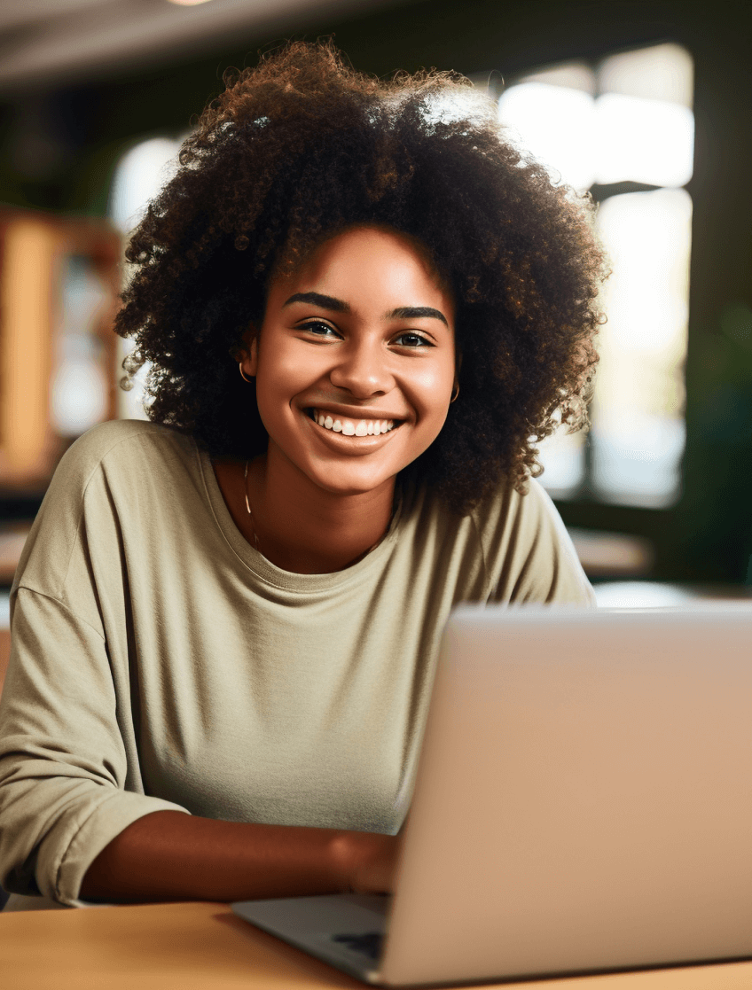 Mulher jovem preta utilizando seu laptop em seu novo emprego